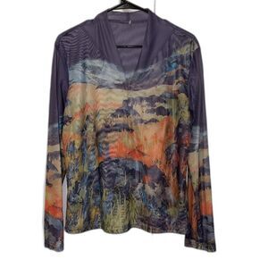 Shirt Women XL Blue Top V Neck Long Sleeve Pullover Sheer Stretch